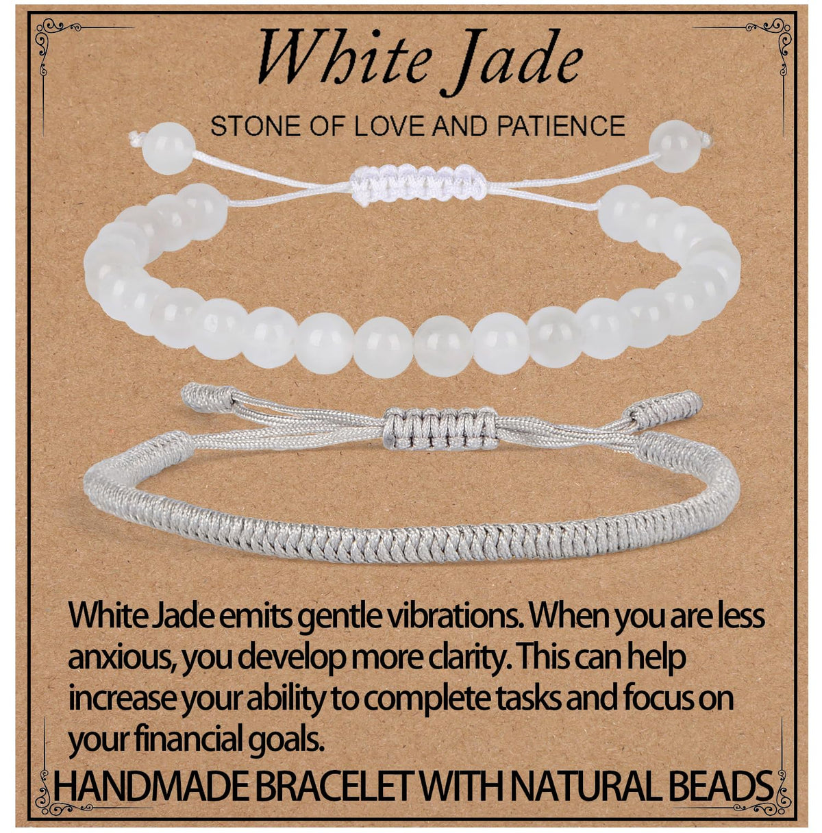 LPBeads 6mm White Jade Bracelet with Handmade Rope Bracelet Size Adjustable Natural Stone Crystal Healing Bracelets Gifts for Unisex Adults