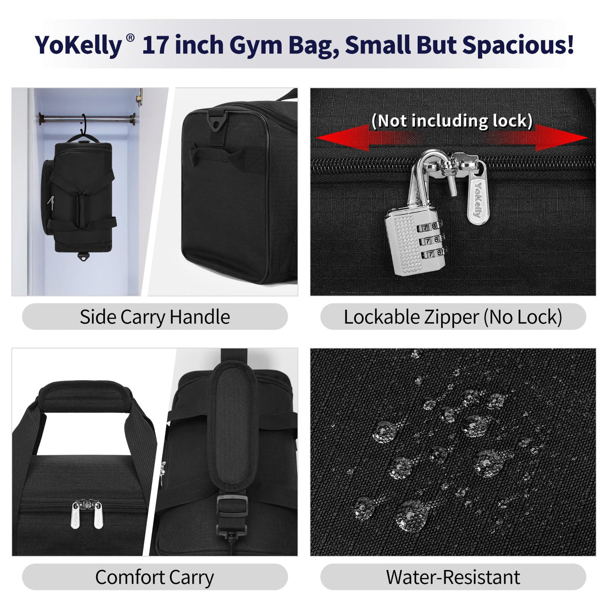 YoKelly 25L Small Gym Sport Duffle Bag - 17 Inch Weekender Overnight Bag for Travel, Workout, Fitness - Black