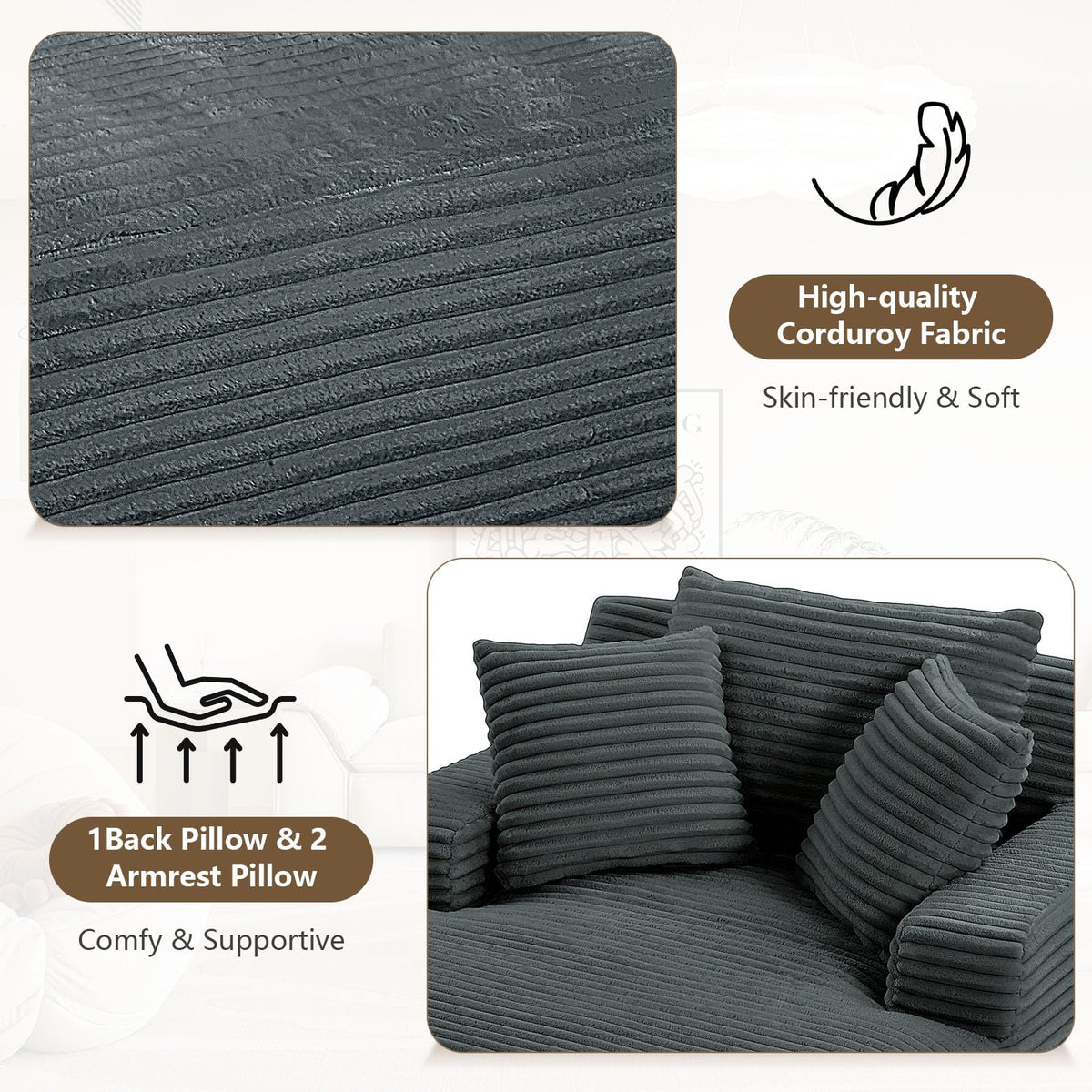 49.2"W Oversized Chaise Lounge Chair Indoor,Comfy Boneless Reading Chair with 3 Pillows, Luxurious Corduroy Fabric Single Cloud Sofa Chair for Living Room & Bedroom,No Assembly Required,Dark Grey