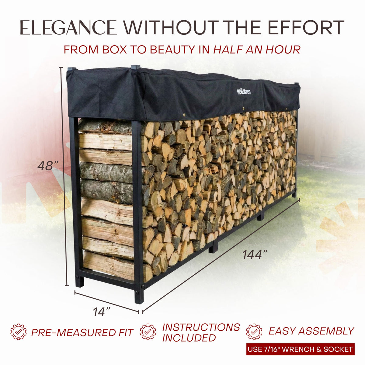 Woodhaven 12-Foot Firewood Rack – American Brand – 3/4 Cord Raised Lumber Storage Rack – Keeps Wood Dry & Ready – Heavy-Duty Steel, Lifetime Structural Warranty (With Cover)