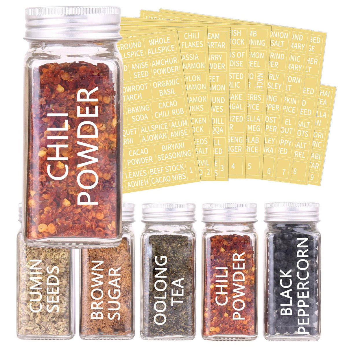 SWOMMOLY 42 Glass Spice Jars with 703 Spice Labels, Chalk Marker and Funnel Complete Set. 42 Square Glass Jars 4oz, Airtight Cap, Pour/sift Shaker Lid