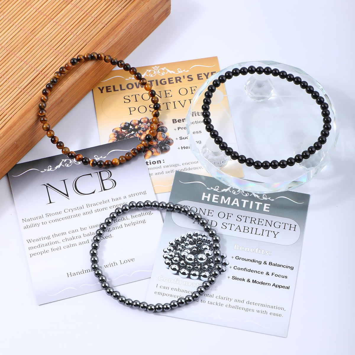 NCB 3-Piece 4mm Natural Crystal Gemstone Stretch Bracelets – ﻿Black Onyx, Hematite, Yellow Tiger's Eye Handmade Reiki Energy Healing Jewelry for Meditation,Yoga, Unisex