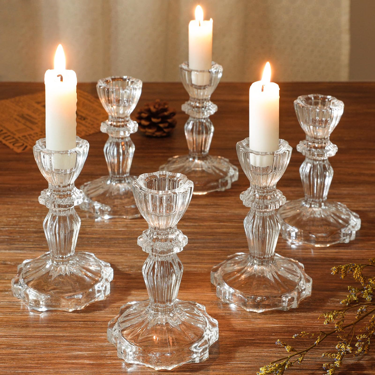 4.33" Tall Glass Candlestick Set of 6 Clear Crystal Candle Holders for Glass Taper Holder Decor for Wedding Birthday Party Christmas