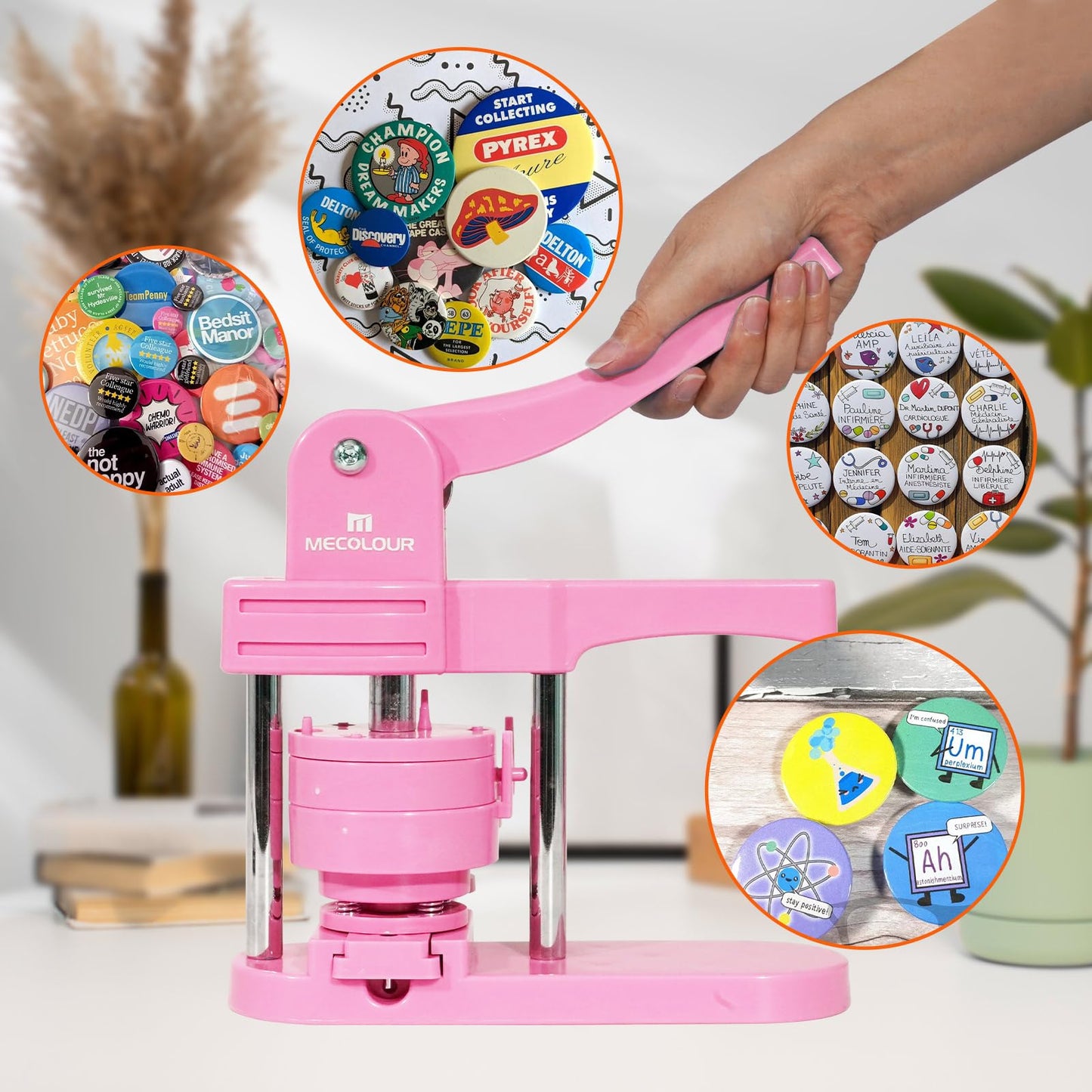 MECOLOUR Button Maker Machine Multiple Sizes 1.26+1.73+2.28 inch Pin Maker Machine,150pcs Button Badge Making Supplies,Button Press Machine for DIY Personalized Pinback Buttons Children DIY Gift(Pink)