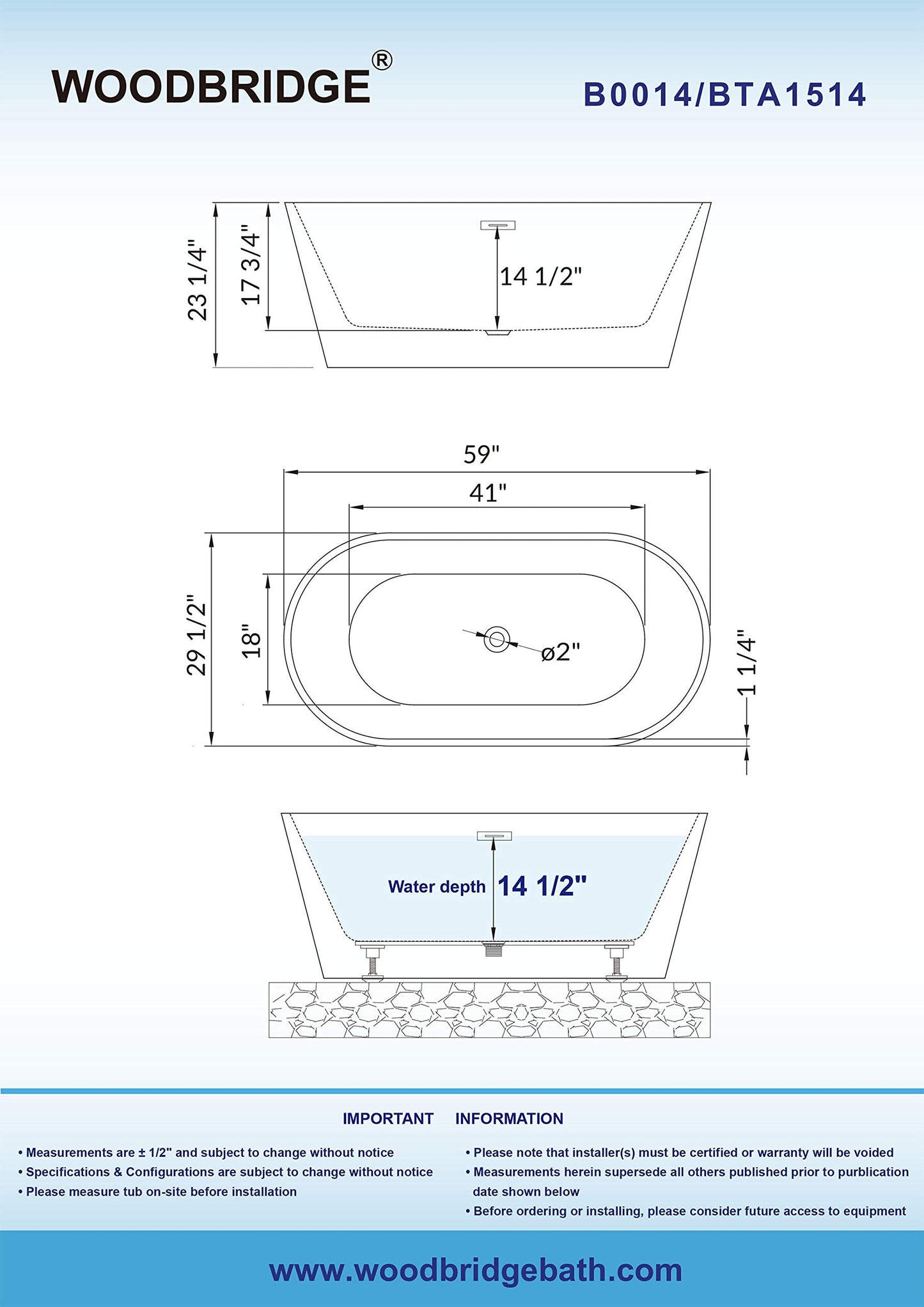 WOODBRIDGE 59" Acrylic Freestanding Bathtub Contemporary Soaking White Tub with Brushed Gold Overflow and Drain，B0014-BG