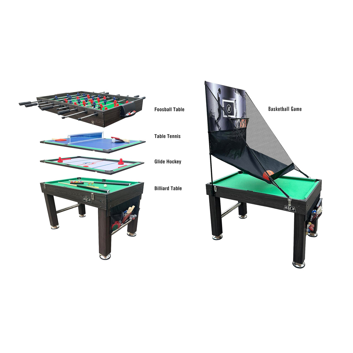 KICK Morpheus 55" 5-in-1 Multi-Game Table (Brown) – Foosball, Billiards/Pool, Ping Pong, Glide Hockey, and Basketball
