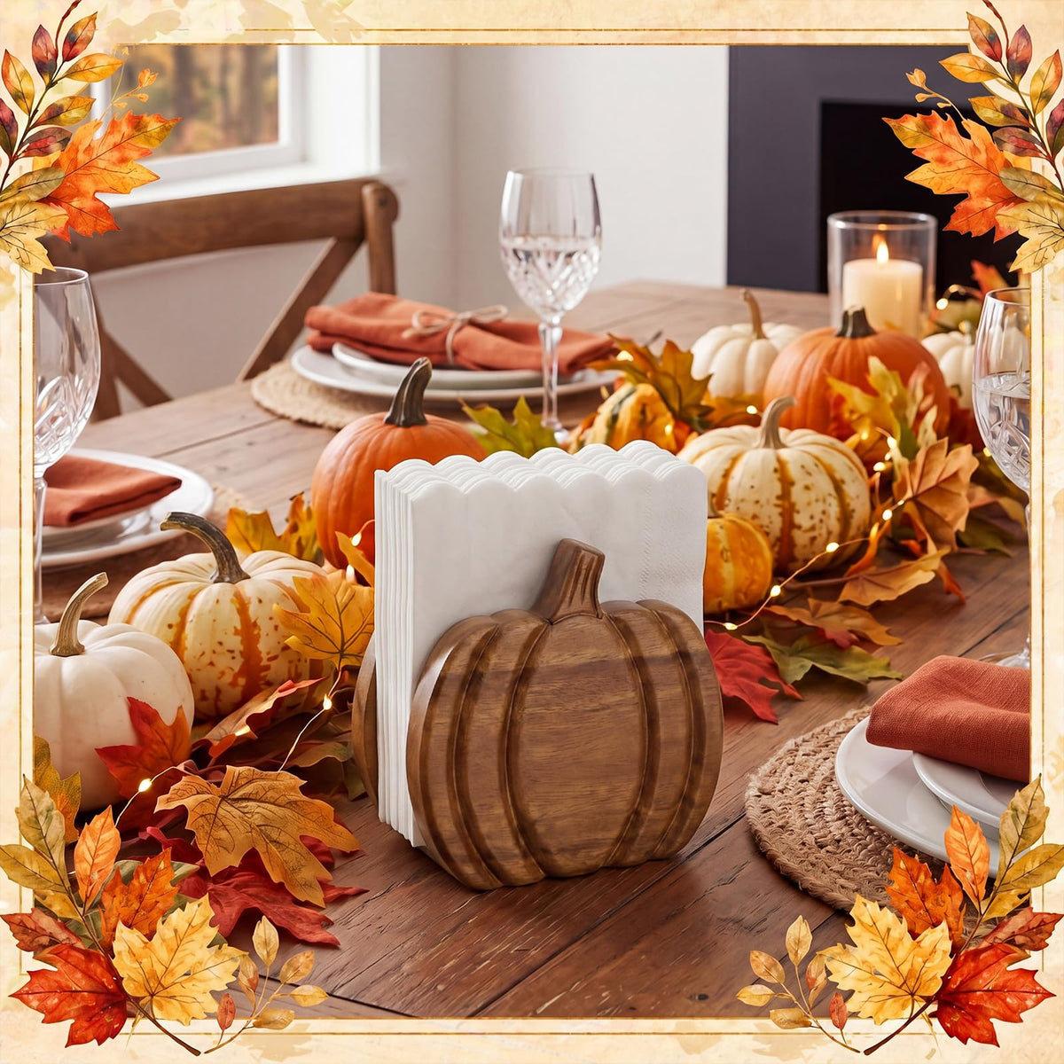 Havawish Wooden Pumpkin Napkin Holder for Table Fall Kitchen Pumpkin Decor Acacia Wood Neutral Tissue Holder Rustic Thanksgiving Centerpieces for Autumn Fall Banquet Thanksgiving Halloween Decoration