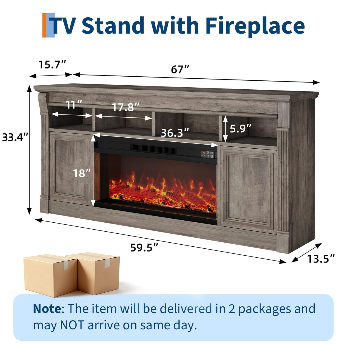 Garvee 68" Farmhouse Electric Fireplace TV Stand, Entertainment Center with Open Storage Cabinets for TVs up to 75", Media Console for Living Room,Grey