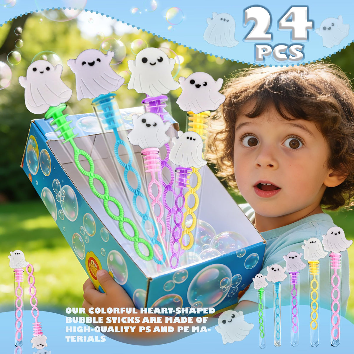 24 Packs Bulk Mini New Halloween Ghosts Shape Bubble Wands, Boys and Girls Holiday Party Favors Student Halloween Party Supply
