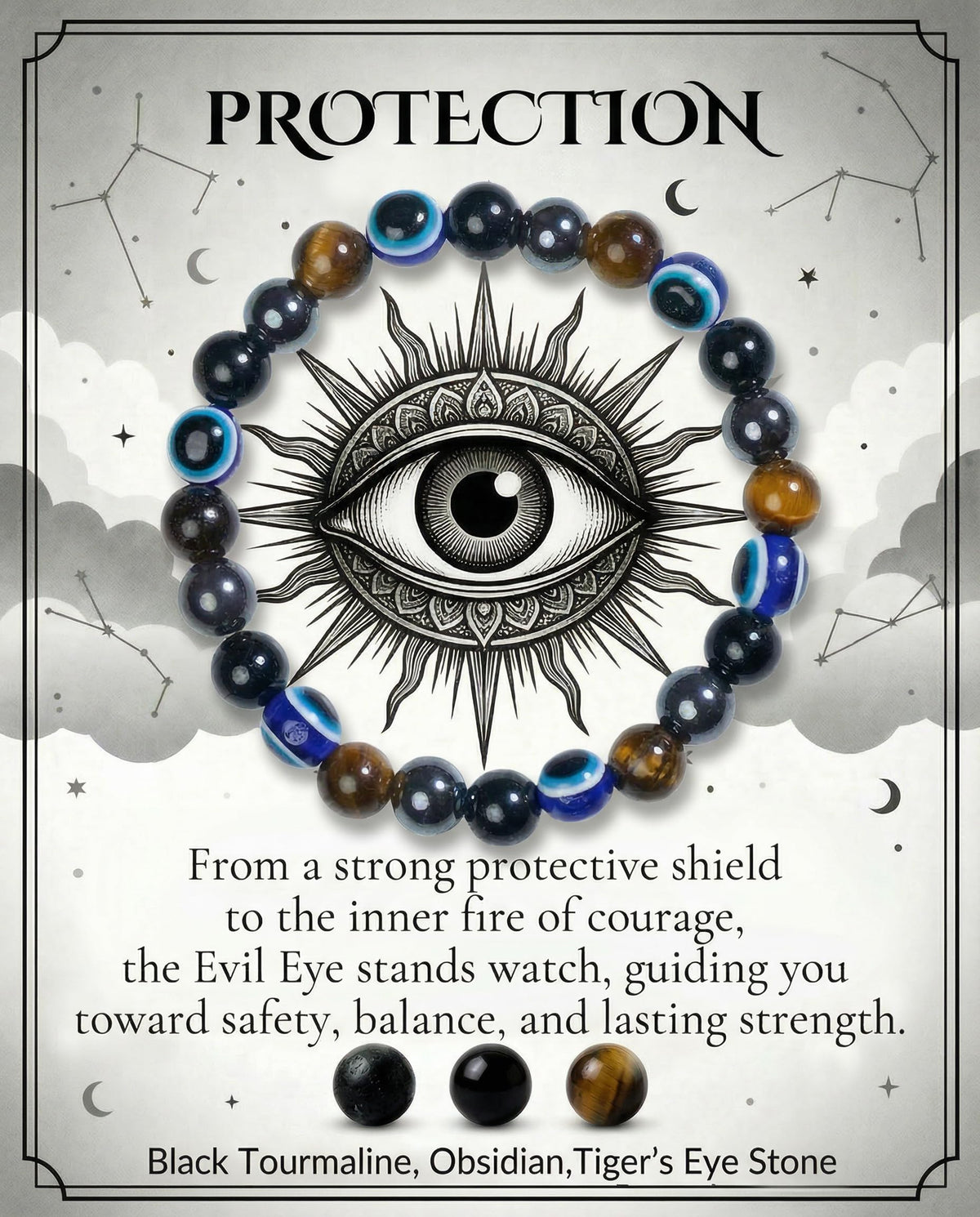 Bivei Evil Eye Bracelets Protection, Strength Crystal Healing Bracelet 8MM with Black Tourmaline, Obsidian & Tiger Eye - Spiritual Stretch Beaded Jewelry for Women Men Gift