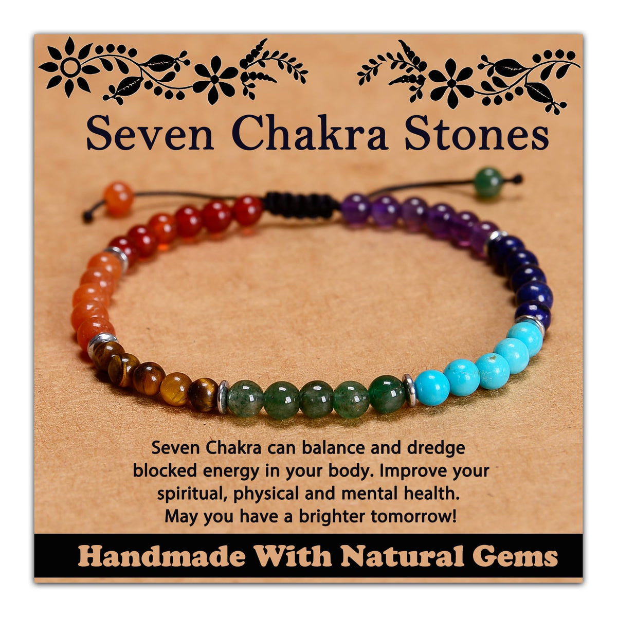 CHCCOYE 4mm Handmade Adjustable Natural Gemstone Crystal Bracelet Healing Power Energy Inspirational Gifts with Card for Unisex (Seven Chakra Stones)