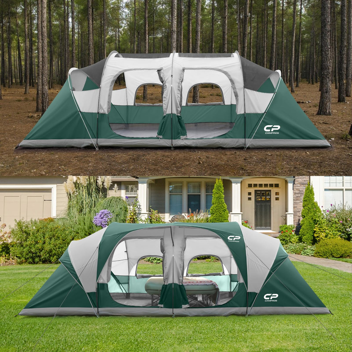 CAMPROS CP Tent 12-Person-Camping-Tents,3 Room Family Tents,Waterproof Windproof Family Tent with Top Rainfly,6 Large Mesh Windows,Double Layer,Easy Set Up, Portable with Carry Bag-20' x 9' x 72"(H)