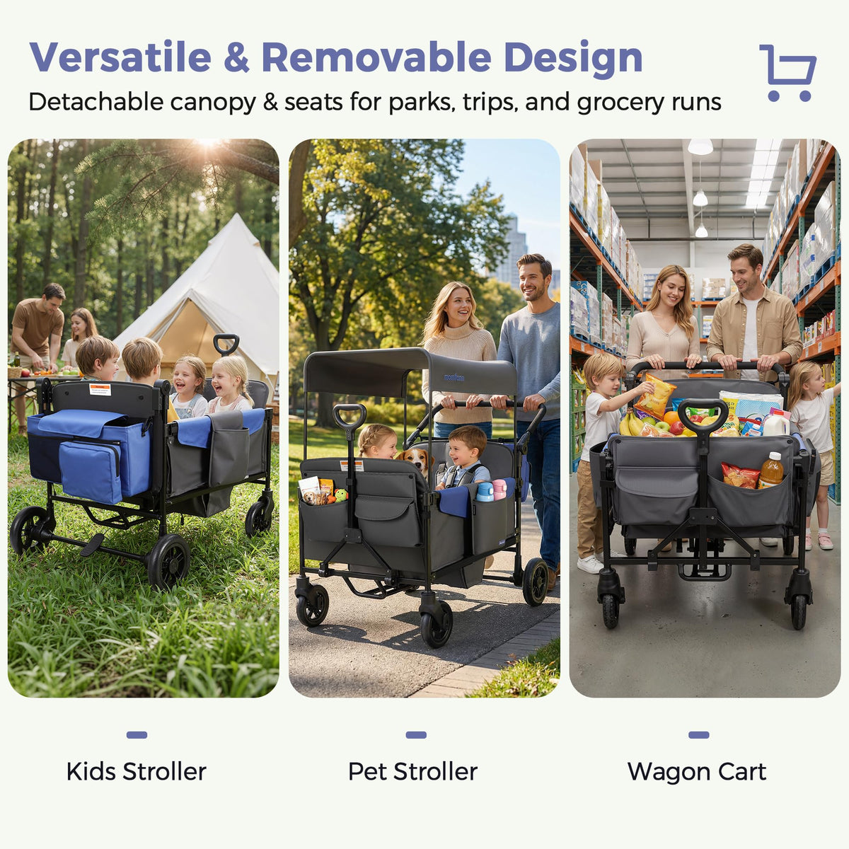 MOMFANN Wagon Stroller for 4 Kids, All-Terrain 4-Seater Folding Wagon with 5-Point Harness, Adjustable Push-Pull Handle, Removable Canopy, Oversized Storage Organizer, Compact Fold - Grey