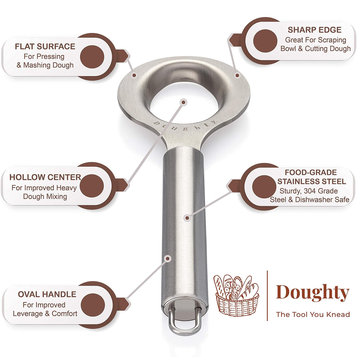 Doughty Stainless Steel Dough Whisk, Mixing and Kneading Tool – Sourdough Stirrer and Danish Dough Whisk Alternative – Rigid Hand Mixing Tool with Comfortable Grip – Gift Box Included