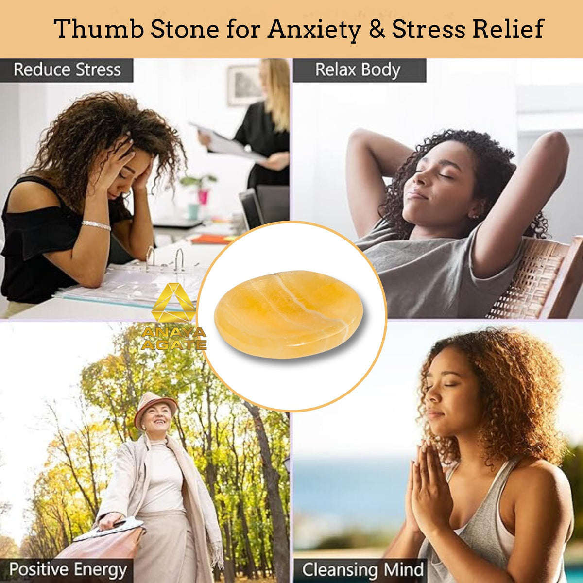 Anaya Agate Yellow Calcite Worry Stones Certified Crystal Thumb Worry Stone for Anguish, Relaxing and Soothing Balance Stones for Meditation, Stress Relief Crystals and Healing Stones for Men, Women