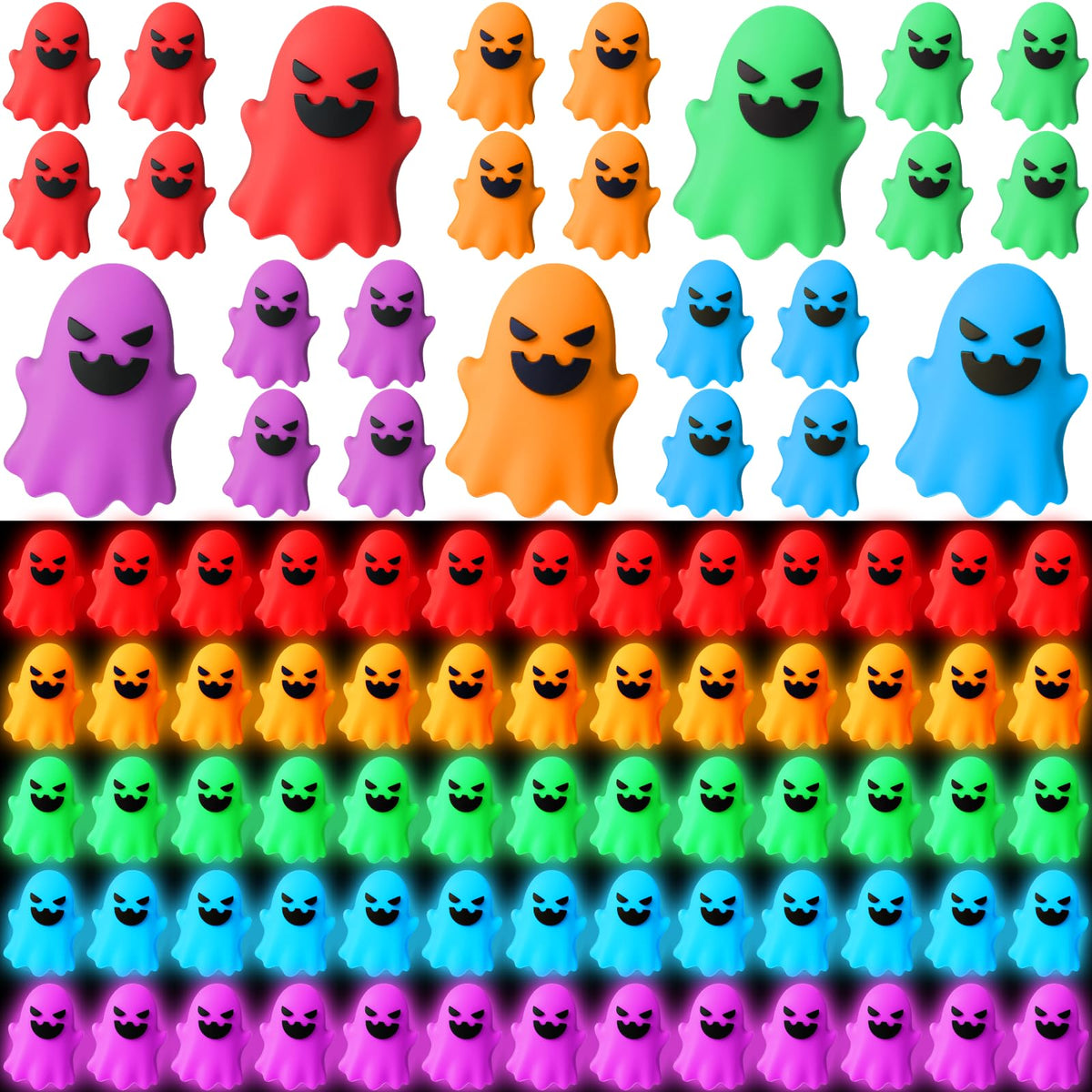 Simgoing 100 Pcs Halloween Glow in The Dark Mini Ghost Figurines, Halloween Treats Non Candy Gifts for Pumpkin Bucket, Luminous Tiny Ghost for Trick or Treat, Hide and Seek Party Favor, Spooky Decor