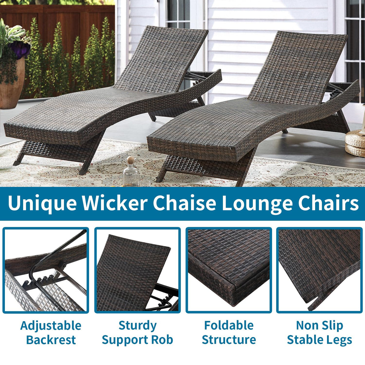 Asifom Outdoor Wicker Reclining Lounge Chairs Patio Rattan Chaise Lawn Sunbathing Chairs 79" Long Reclining Chairs, Set of 2 Chaise Longues + 1 Coffee Table