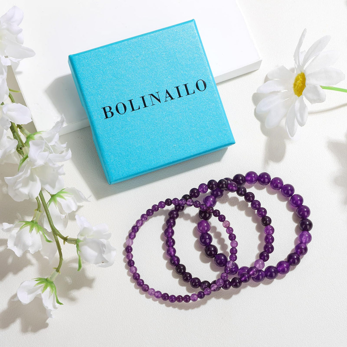 Bolinailo 3Pcs Natural Healing Crystal Bracelets for Women Men, 4mm 6mm 8mm Beaded Stretch Bracelet Set, Amethyst Natural Stone Gemstone Jewelry Gifts for Meditation, Reiki & Yoga