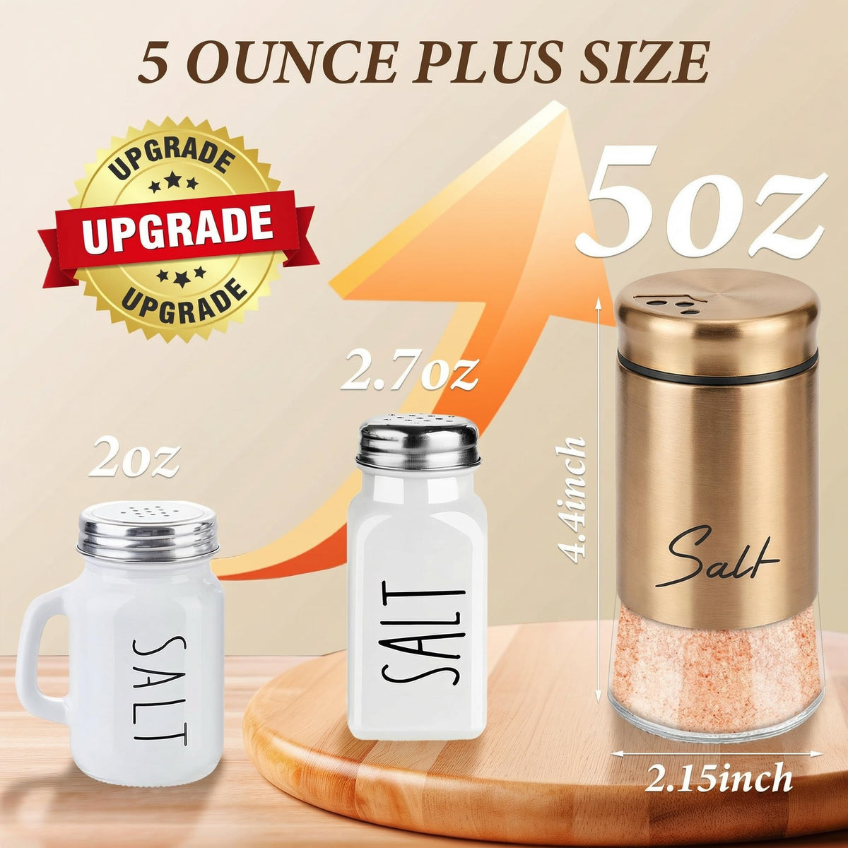 Gold Salt and Pepper Shakers Set, 5 oz Modern Farmhouse Kitchen Decor and Accessories for Restaurant, Wedding, Housewarming Gifts Refillable Design (Gold)