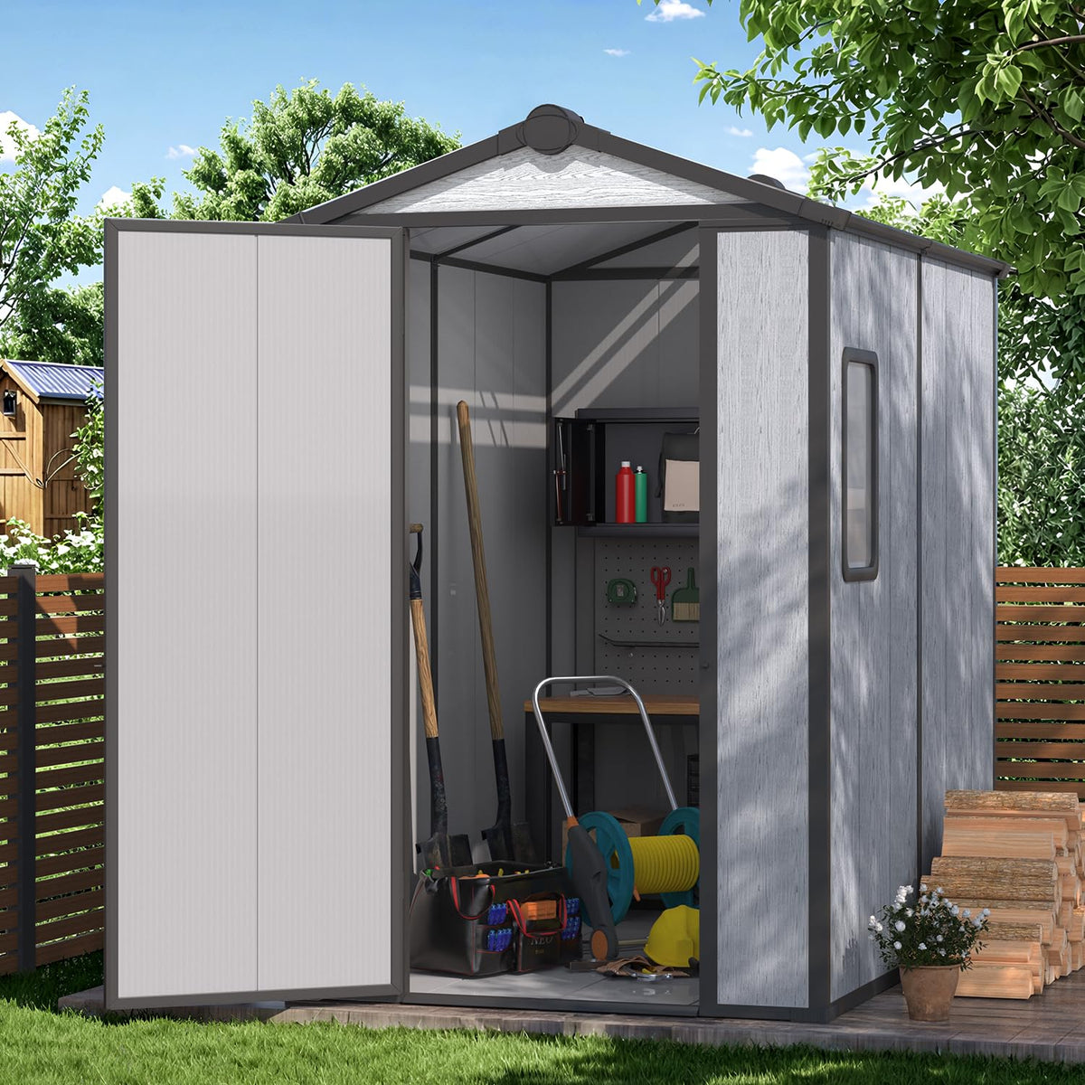 DNYKER 4 x 6 FT Resin Outdoor Storage Shed, All-Weather Plastic Garden Shed with Floor, Lockable Doors & Windows, Plastic Tool Shed for Poolside, Patio, Backyard