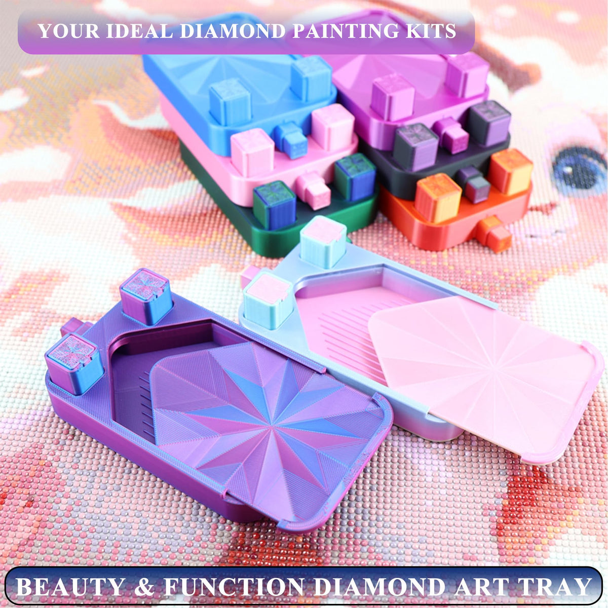 Diamond Painting Tray with Lid and Tweezer, Rhinestone Storage Tray with Lid & 2 Storage Bucket Design, Easy Pour Bead Tray, Diamond Art Kits for Adults, Diamond Art Accessories Tools (Black Purple)