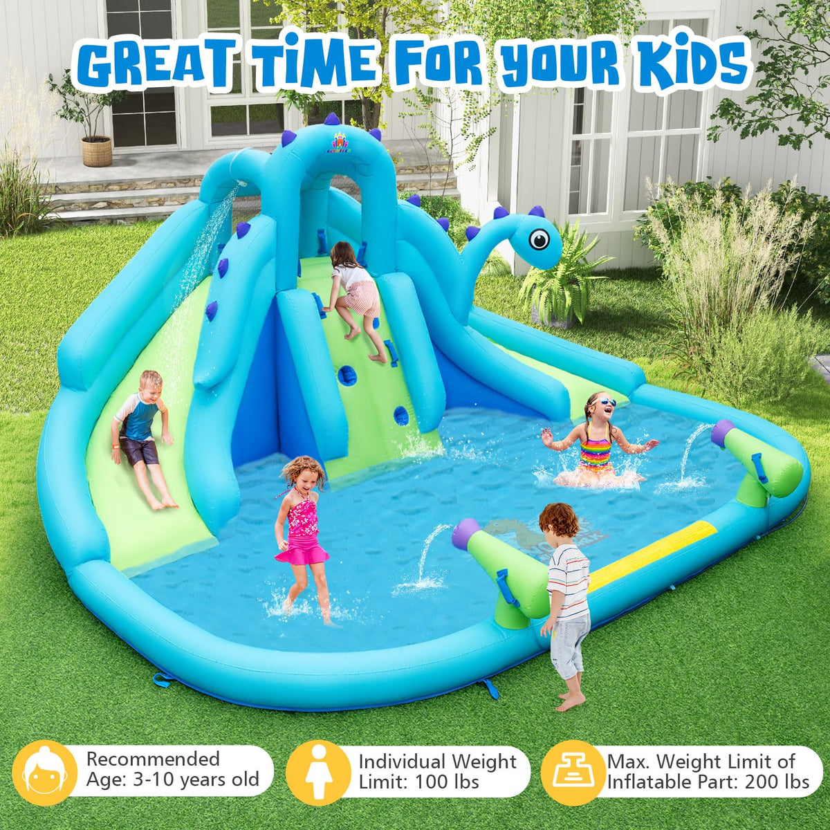 BOUNTECH Inflatable Water Slide Park with Dinosaur, Double Slides Mega Water Park Bounce House with Climbing Wall, Bouncy Castle for Outdoor Backyard, Blow up Water Slides Inflatables for Big Kids