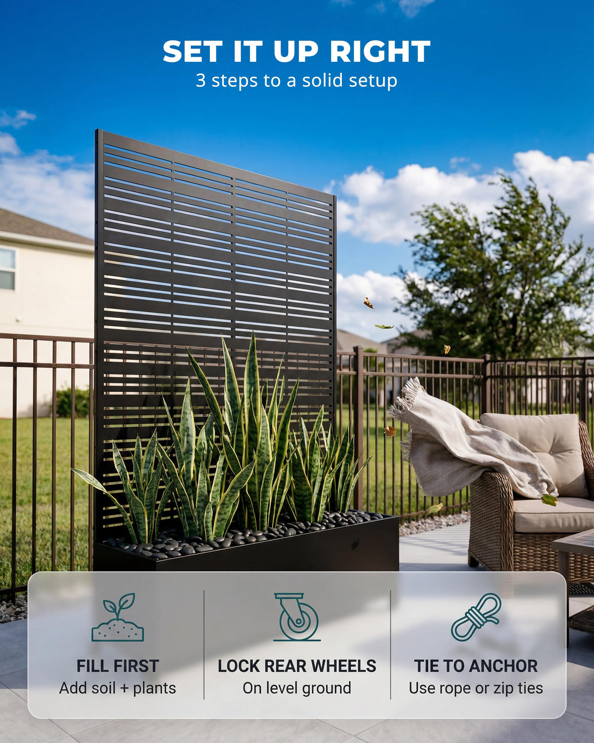 TinFrey 73" Tall Privacy Planters with Trellis, Freestanding Metal Planter Box with Trellis on Wheels, AC Unit Cover for Patio, Hide Trash Cans Pool Equipment, 5 Built-in Drainage Holes - Black
