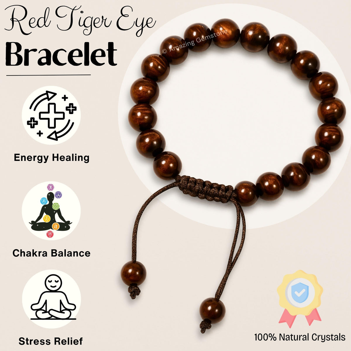 Amazing Gemstone Red Tiger Eye Bracelet, Gifts For Men & Women - Protection Healing Crystal Bracelet - 8mm Gemstone Beaded Adjustable Bracelet, Pulseras Para Hombres Mujer Stocking Stuffers