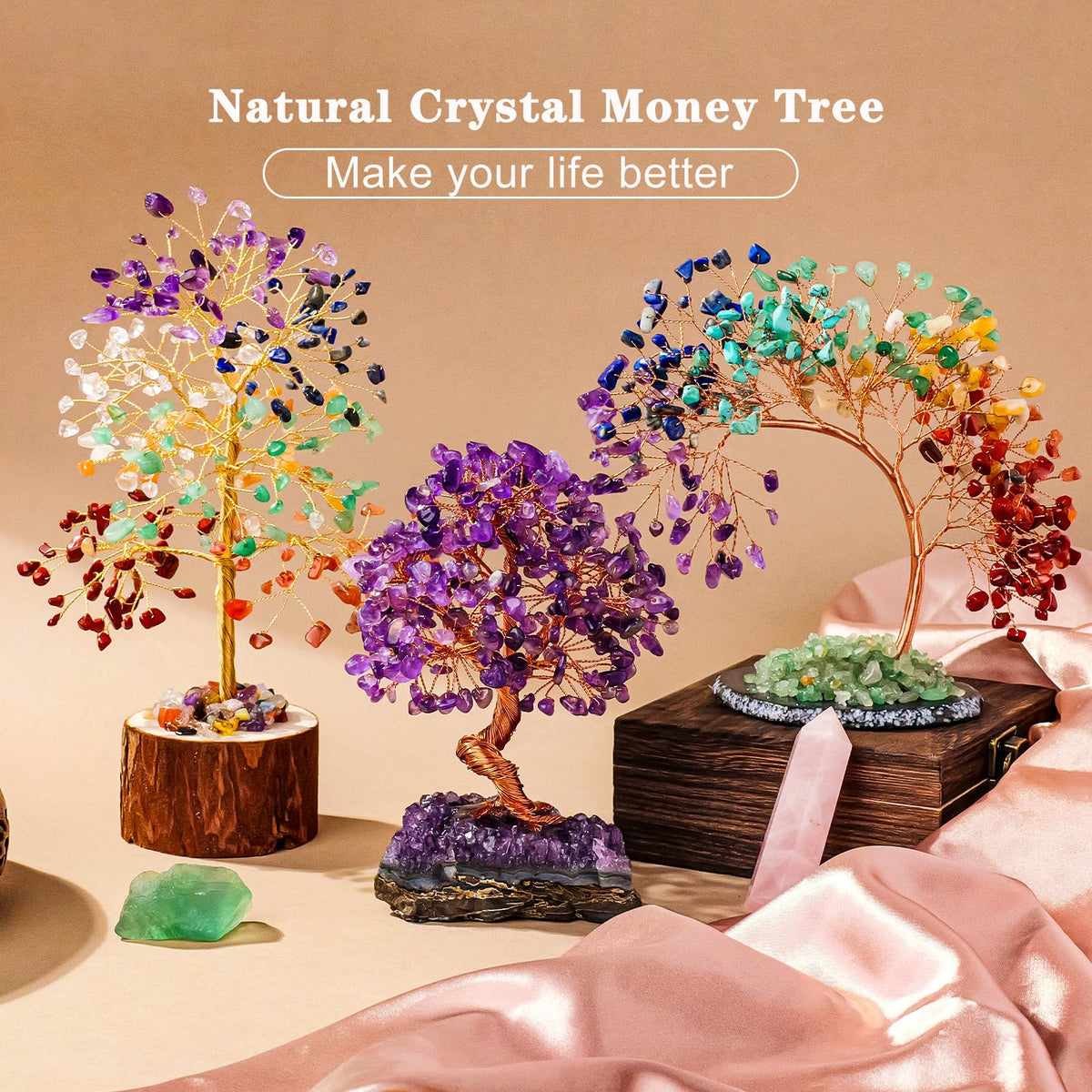Runyangshi Natural Crystal Seven Chakras Agate Slice Tree of Life Natural Crystal Healing Stones Gemstone Trees Fengshui Good Luck Positive Energy Home Decor