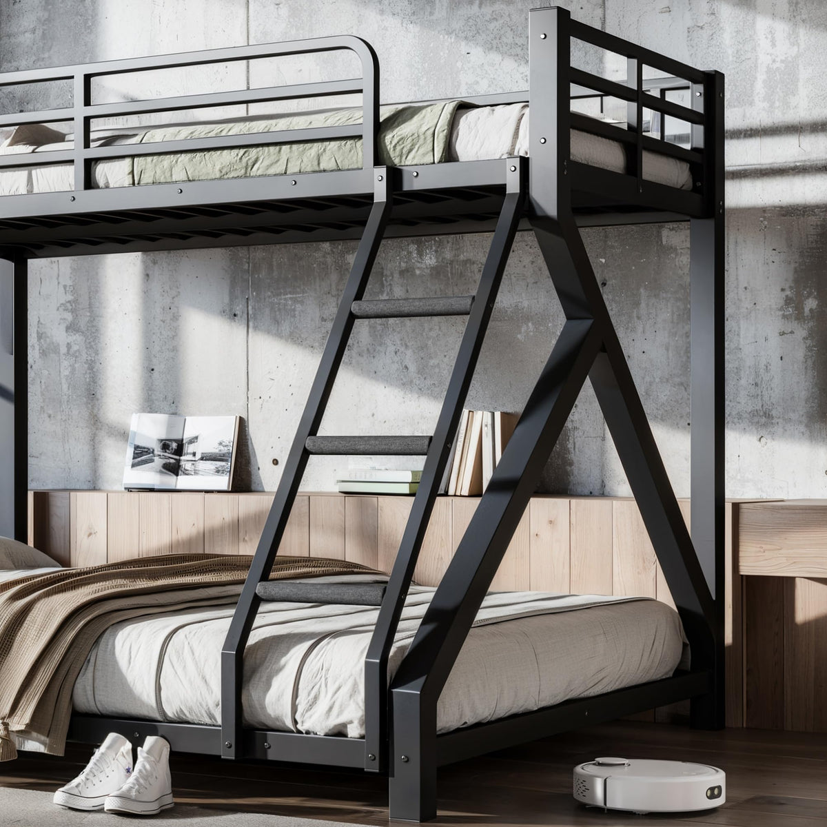 LEEKAF Stronger & Thickened Heavy Duty Metal Bunk Bed Twin XL Over Queen Size for Adults Teens, Safer More Stable Bunkbed (Greater Weight Capacity) (Black,Twin XL Over Queen A)