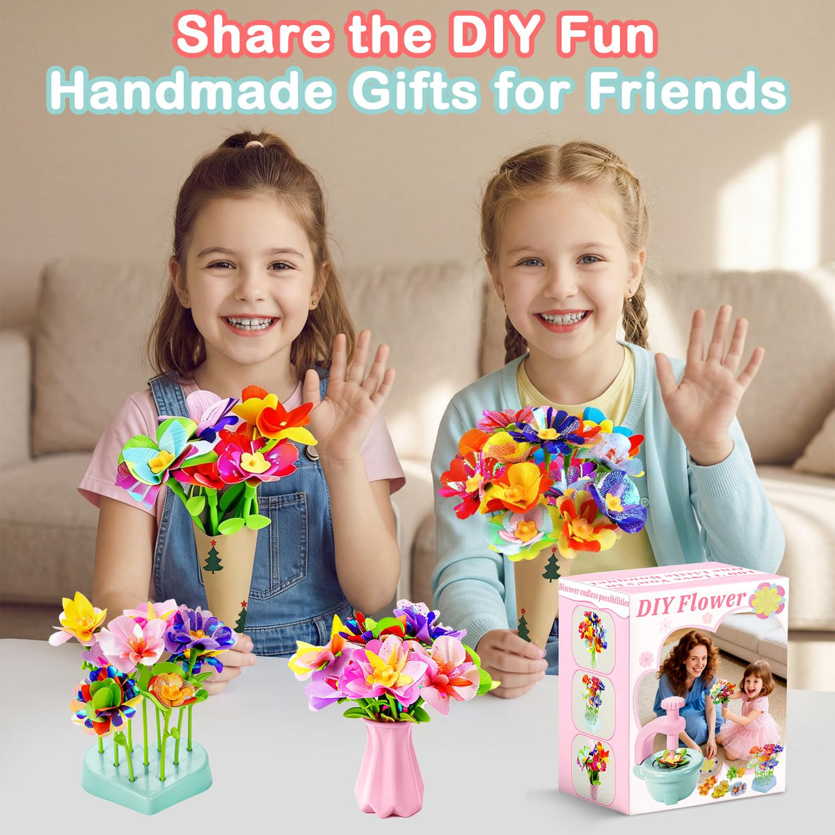 Loshuer Fabric Flower Bouquets Toys, Flower Making Kit for Kids Ages 3+, DIY Arts and Crafts Activity for Preschool Toddlers, Screen-Free Craft Gifts for Girls, Home Classroom Craft Play