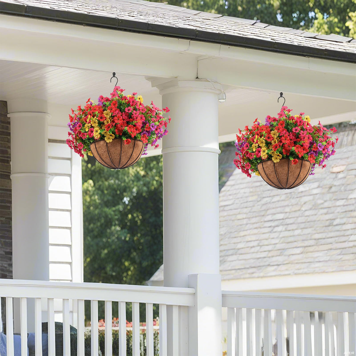 Hananona 2 Set Artificial Outdoor Flowers with Hanging Basket, 2 Hanging Planters with 24 Pcs Flowers for Spring Summer Front Porch Garden Patio Home Decor (2, Red, Purple, Yellow, Rose Red)
