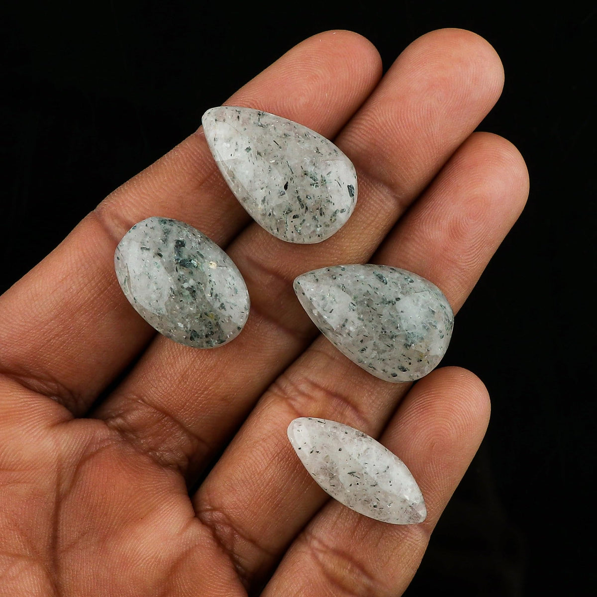 CRYSTALINES 4pcs Natural Green Dot Quartz Gemstone Cabochon, Wholesale Flatback Crystals. Assorted Bulk Polished Stones, DIY Crafts-Jewelry Making, Loose Lapidary Supplies, Gem Collection