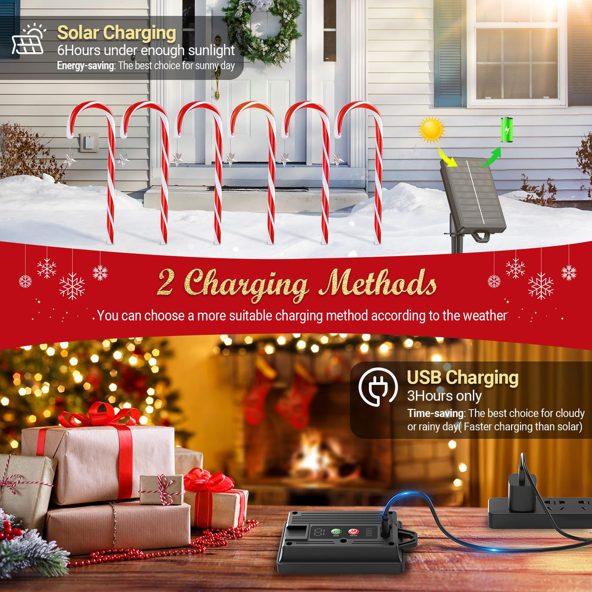 BUCASA 24 Pack Christmas Decorations Outdoor Solar Candy Cane Lights, 144 LEDs, 10 Modes, Waterproof, USB Rechargeable, Perfect for Yard, Garden, Pathway