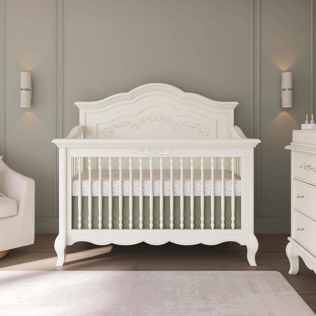 Evolur Aurora 5-in-1 Convertible Full-Size Baby Crib in Ivory Lace, GreenGuard Gold & JPMA, 3 Mattress HeightsRibbon Bow Scrollwork & Queen Anne Feet, Converts to Toddler, Day & Full-Size Bed