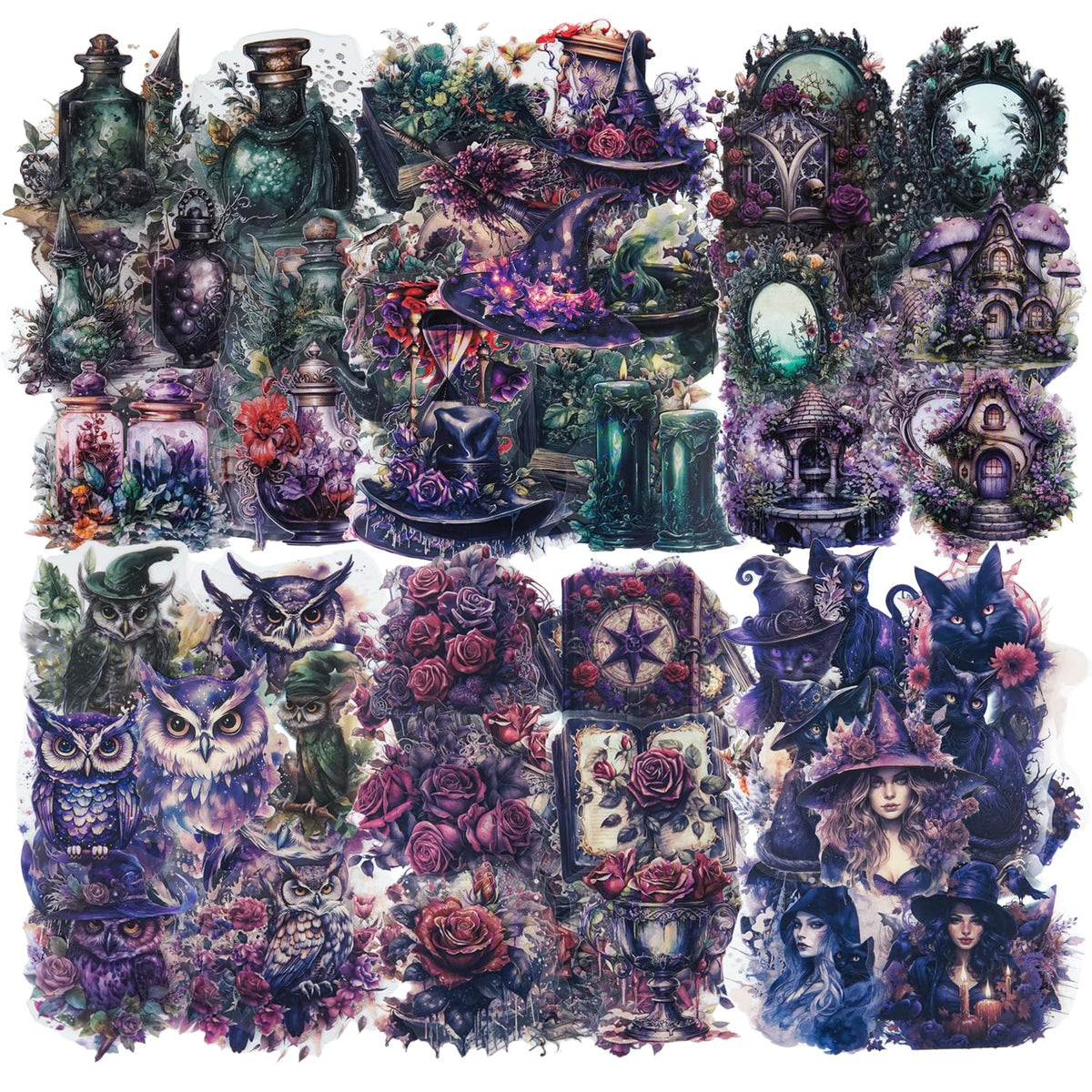 Miyouluna 120Pcs Gothic Fantasy PET Stickers with Organizer – 60 Unique Designs Waterproof Vintage Stickers for Scrapbooking, Journals, and DIY Crafts