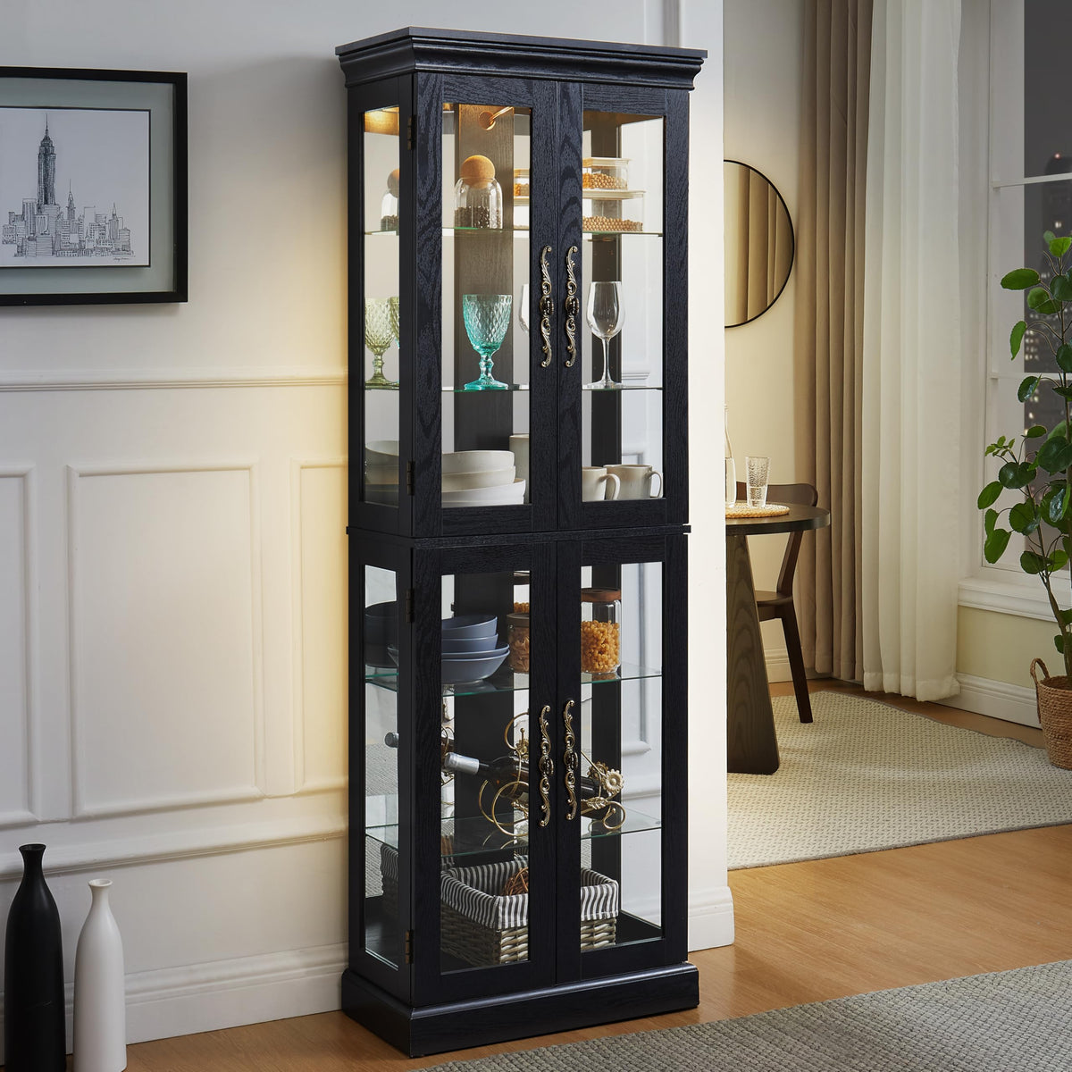 Elountik Lighted Curio Display Cabinet, Glass Storage with Wood Frame, Built-in Lighting for Living Room, Kitchen, Pantry, Ideal for Wine, Toys, Collectibles - Black
