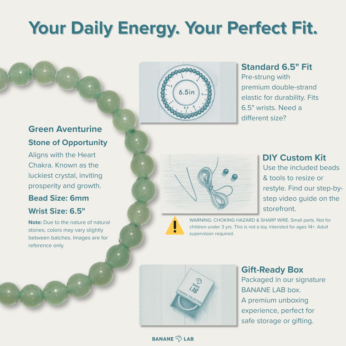 BANANE LAB Green Aventurine Bracelet 6mm - Real Natural Crystal Beaded Bracelets for Women Men - Unisex Gemstone Healing Jewelry for Luck & Balance - Standard 6.5" Wrist Fit with DIY Repair Kit