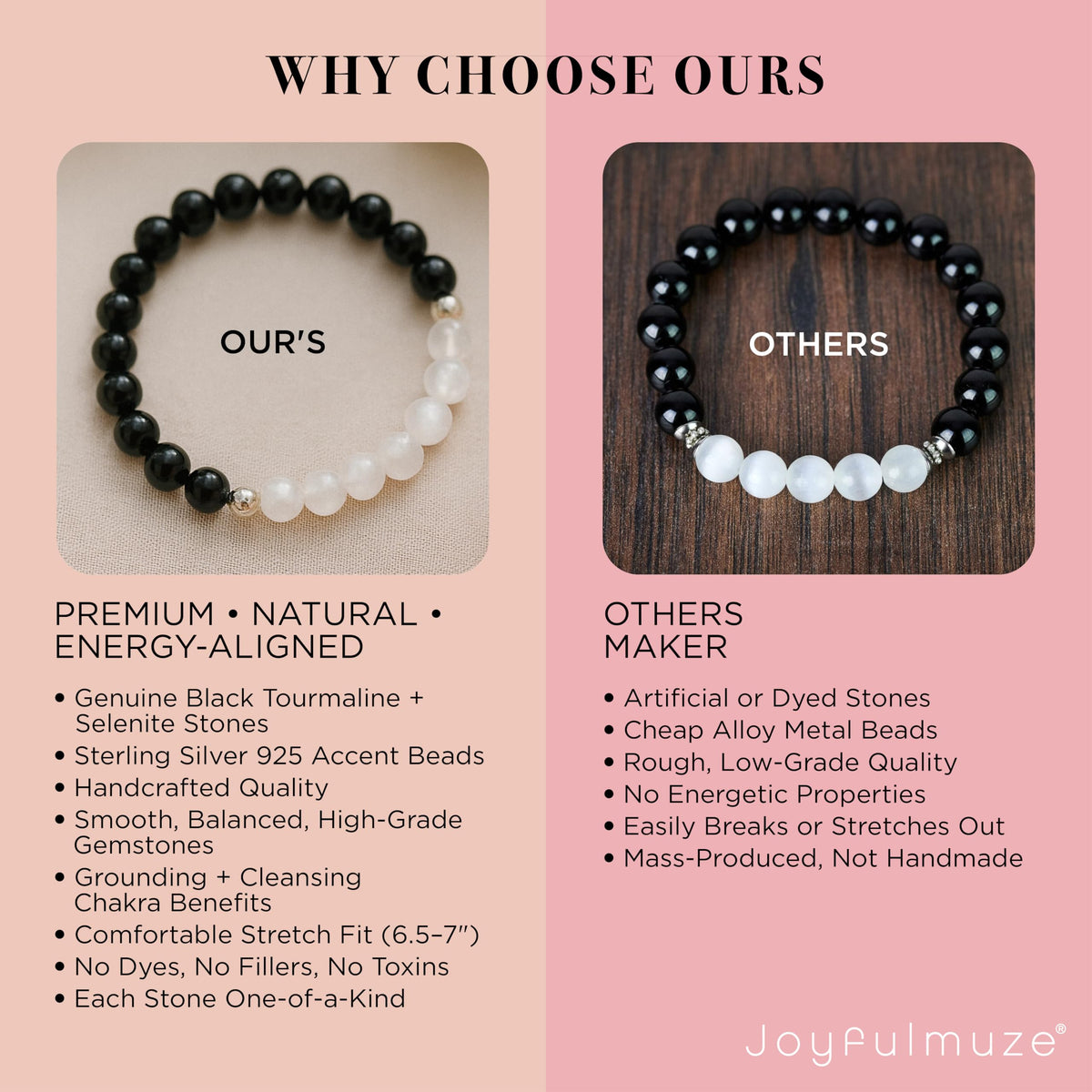 Joyfulmuze Black Tourmaline Selenite Bracelet, Handmade Stretch Jewelry, Natural Calming Crystals, Simple Genuine Chakra Energy Bracelet, Gifts for Women and Man, 8mm