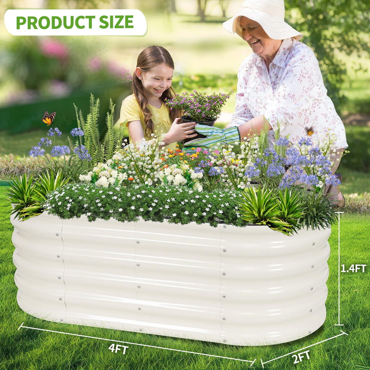 Permade Galvanized Raised Garden Bed - 4x2x1.4FT Metal Planter Boxes Outdoor | Oval Steel Raised Bed Kit for Gardening with Protective Tape, Gloves for Vegetables, Flower, Herb (White)