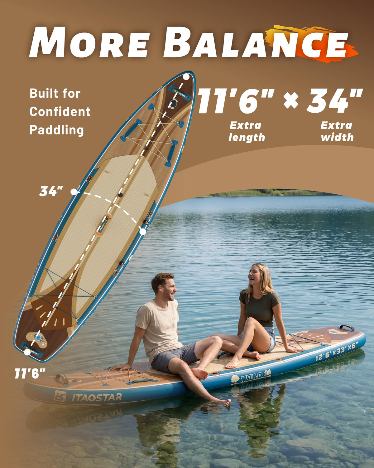iTAOSTAR W02C 34" Super Wide Paddle Board, More Fun Inflatable Paddle Board with 5 Fins for Better Balance, Stand Up Paddleboard with Premium SUP Accessories for Adults of All Skill Levels