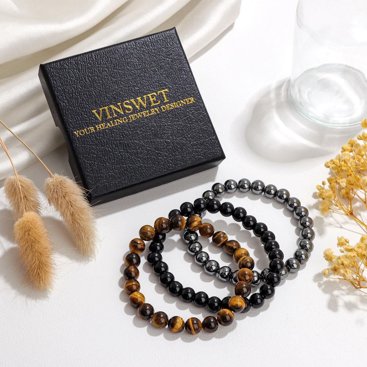 Vinswet Healing Crystal Bracelets for Women Men 8mm Tiger Eye Hematite Black Obsidian Natural Stone Beaded Stretch Bracelet Triple Protection Handmade Gemstone Reiki Spiritual Jewelry Gifts