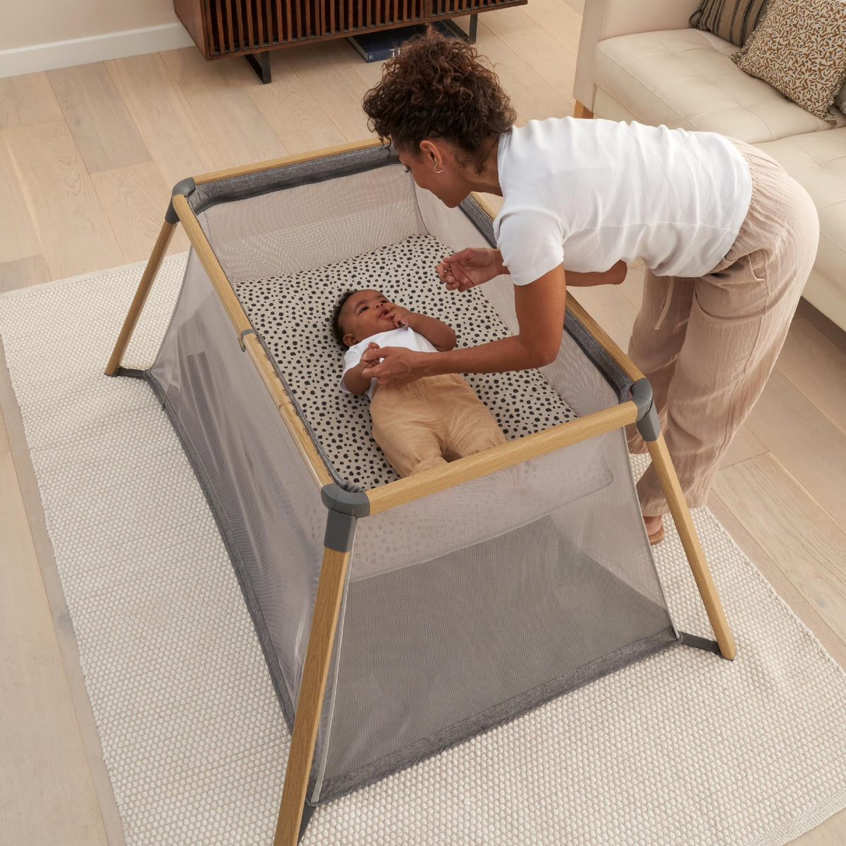 Tutti Bambini CoZee® Go 3-in-1 Foldable Baby Playpen, Portable Bassinet & Travel Crib | Playard with Mattress Included | Birth to 3 Years (Oak & Charcoal)