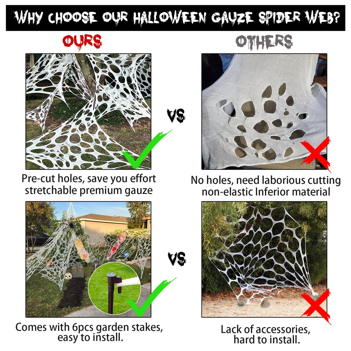 CESOF Giant Spider Web Halloween Decorations Outdoor, Pre-Cut Beef Netting Spiderwebs Super Stretchy DIY Spider Webbing with Stakes, Gauze Cobwebs for Haunted House Yard Garden Home Indoor Party Decor