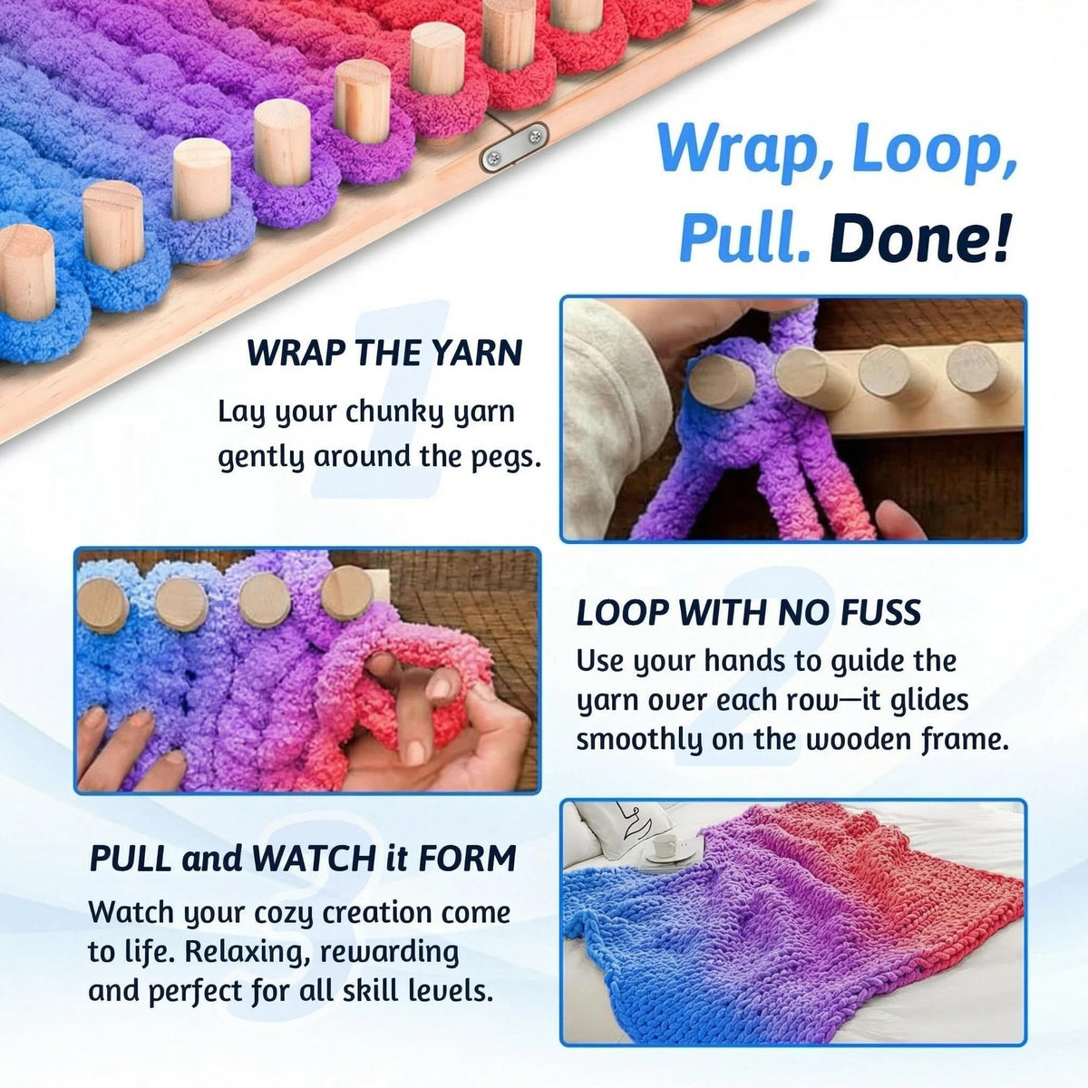 parknshop Upgraded Chunky Knit Loom (48"/60") - Premium Beech Wood Large Blanket Knitting Loom with Screw Fastening, No-Needle DIY Weaving Board for Beginners, Scarves & Handmade Blankets (48")