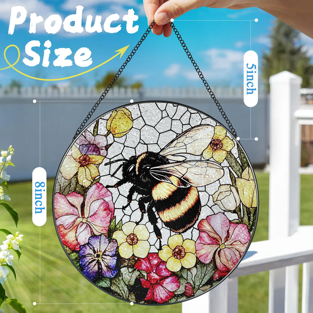Stained Glass Window Hanging, 8 Inch Bee Stained Glass Ornament, Suncatchers for Windows Hanging, Window Decor, Gift for Garden Lover, Teacher Gift, Holiday, Birthday Gifts for Women Mom and Grandma