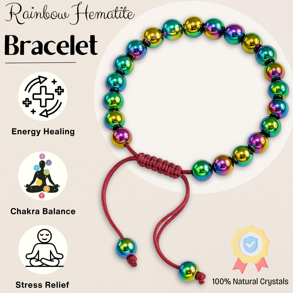 Amazing Gemstone Rainbow Hematite Bracelet, Gifts For Men & Women - Protection Healing Crystal Bracelet - 8mm Gemstone Beaded Adjustable Bracelet, Pulseras Para Hombres Mujer Stocking Stuffers