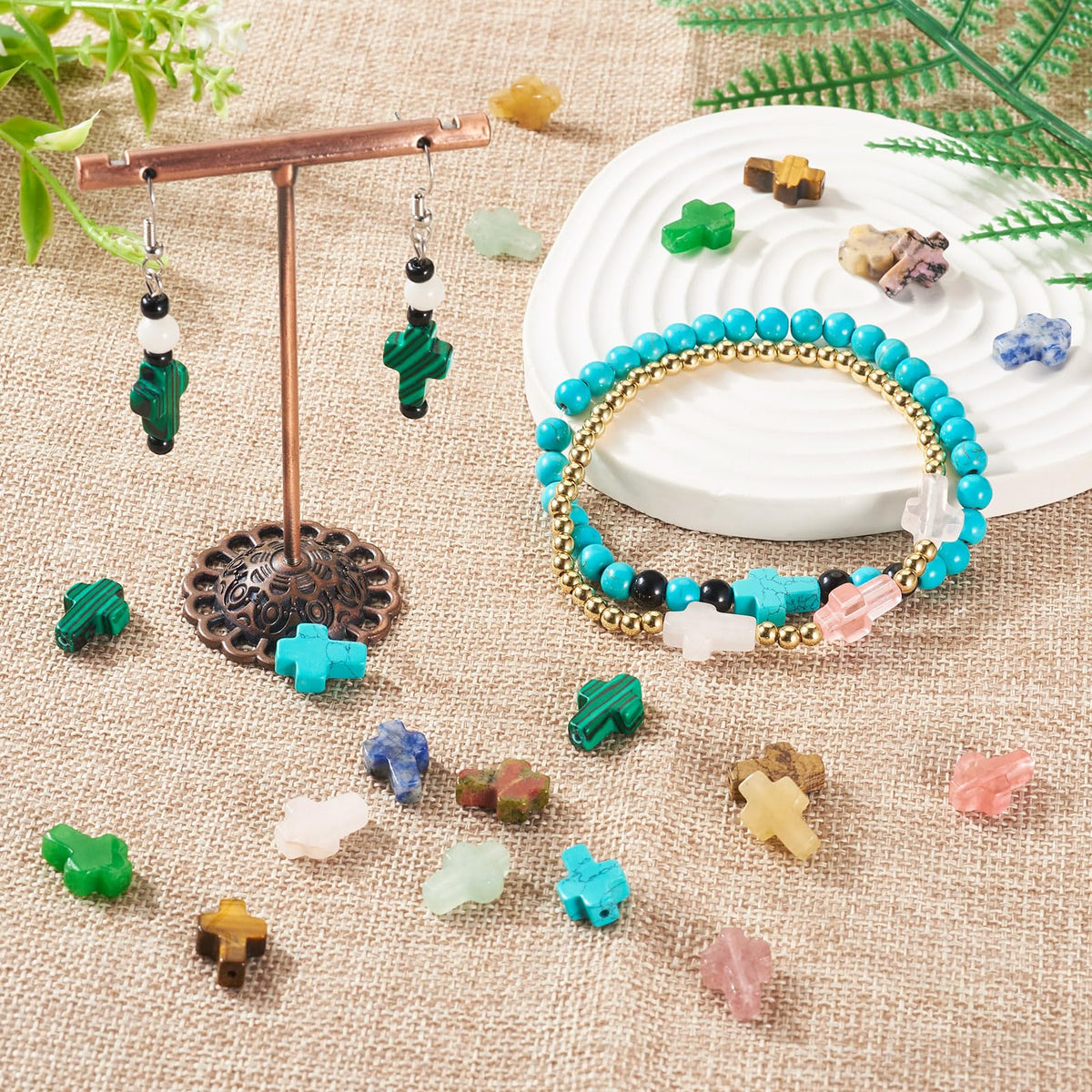 30 Pcs Gemstone Cross Beads Small Crosses Crystal Stone Bead Turquoise Cross Beads Small Crucifix Charms for Easter Holiday Bracelet Necklace Jewelry Making