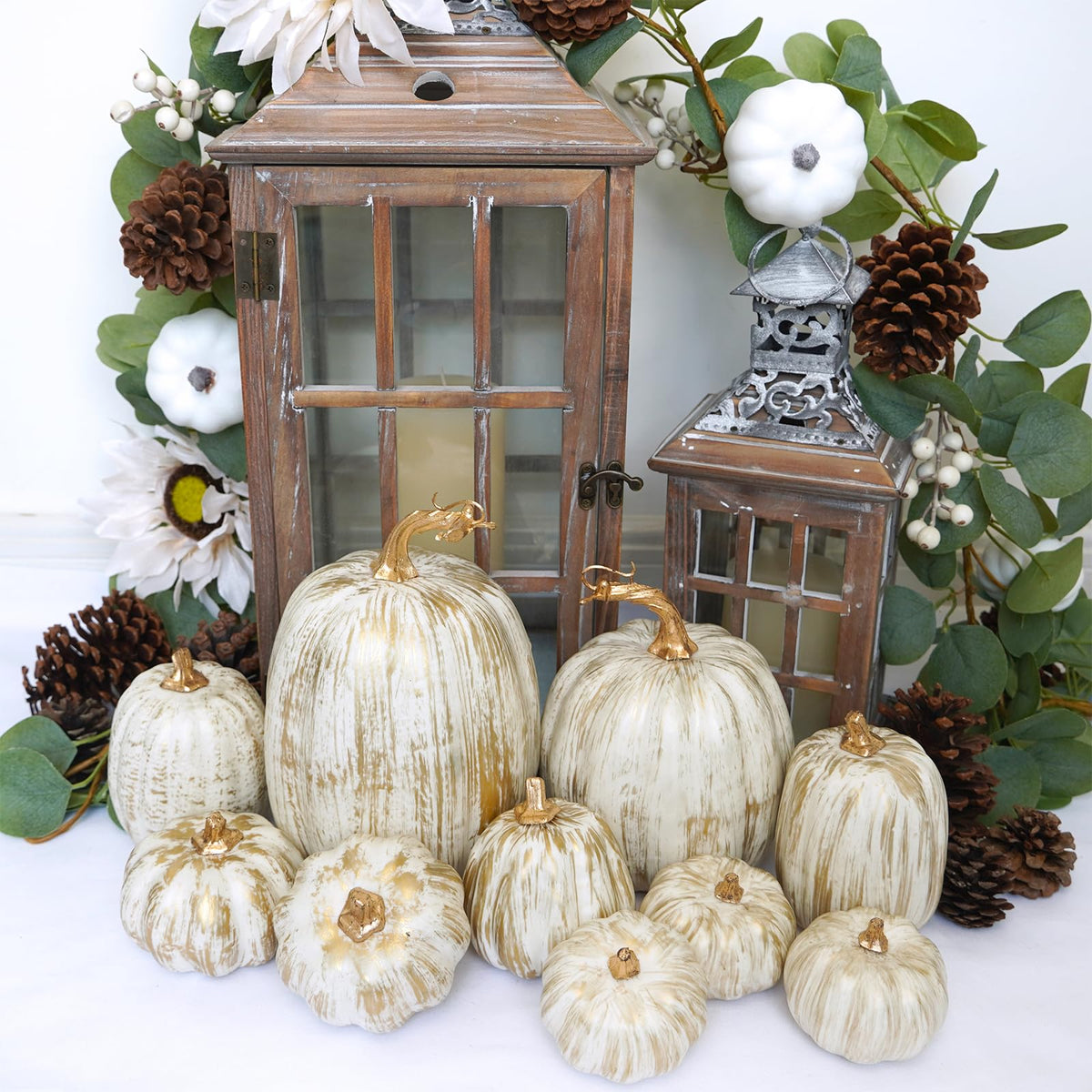 Winlyn 10 Pcs Assorted Fall Artificial Pumpkins - Gold & White Decorative Foam Pumpkins for Wedding, Thanksgiving, Halloween, Baby Shower, Tabletop, Centerpiece, Mantel Decor