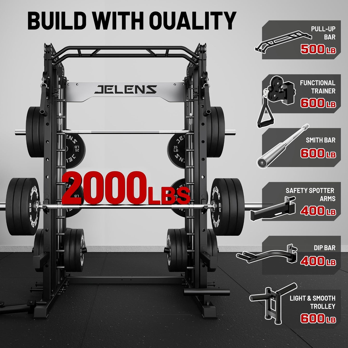 JELENS Smith Machine for Home Gym, Multi-Function M12 Power Cage, Squat Rack with Smith Bar and More Attachment (Black, 140LB Black Weights Package)